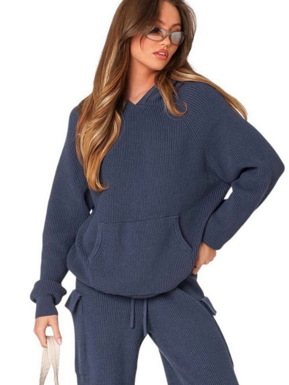 Edikted Wynter Oversized  Knit Hoodie in Slate Blue and Knit Cargo Pants